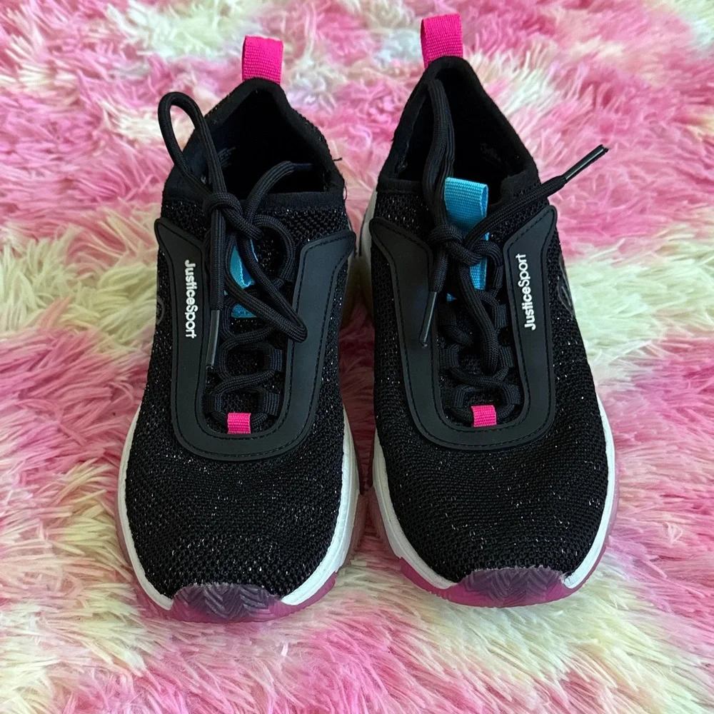 Justice Black Sneakers with Pink and Blue Highlights
